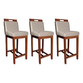 Kit 3 Banquetas Estofadas com Encosto Veneza Média 94 Cm Madeira Maciça Suede Bege CCS