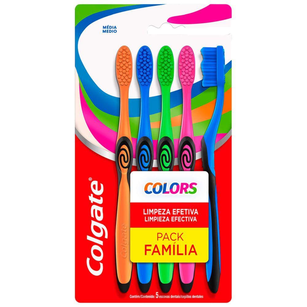 Escova Dental Colgate Colors Pack Família Média com 5 Unidades