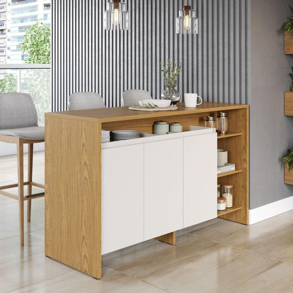 Ilha Gourmet 160cm 3 Portas Tampo Pintura UV Itatiaia Freijó/Off White