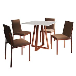 conjunto de mesa de jantar com tampo branco e 4 cadeiras mônaco veludo marrom e cobre