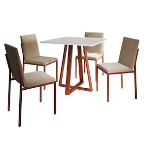 conjunto de mesa de jantar com tampo branco e 4 cadeiras mônaco veludo bege e cobre