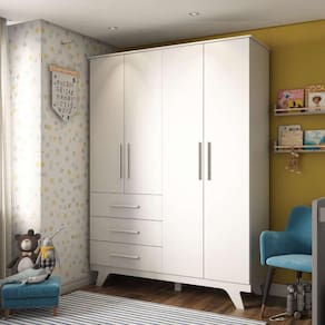 Guarda Roupa Infantil 4 Portas 3 Gavetas 100% MDF Retrô Móveis Peroba Branco Brilho