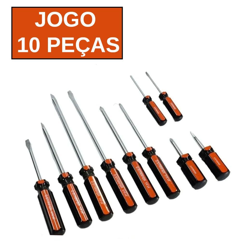 Jogo com 10 Peças Chave Magnetica Imantadas Ponta Fenda e Phillips - Starfer