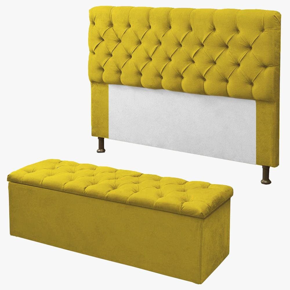 Kit Cabeceira + Calçadeira Baú Sofia Casal 140cm Corino Amarelo - LM DECOR