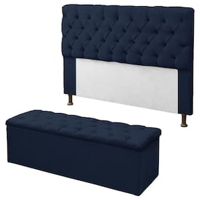 Kit Cabeceira + Calçadeira Baú Sofia Casal 140cm Corino Azul Marinho - LM DECOR