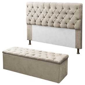 Kit Cabeceira + Calçadeira Baú Sofia Casal 140cm Corino Bege - LM DECOR