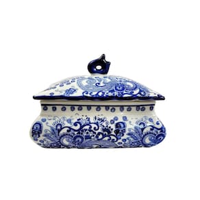 Pote Potiche Azul E Branco 15X22X16Cm Floral Porcelana