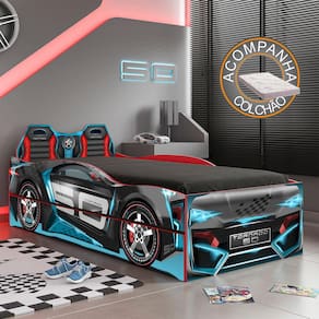 Bicama Infantil Carro Tornado Fun Preto Azul Pura Magia + Colchão Ortobom