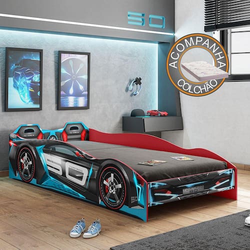 imagem-Cama Infantil Carro Tornado Plus Preto Azul Pura Magia + Colchão Ortobom