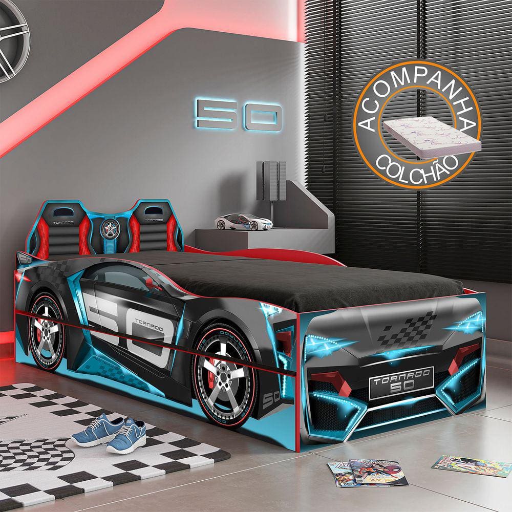 Bicama Infantil Carro Tornado Fun com Led Preto Azul Pura Magia + Colchão Ortobom