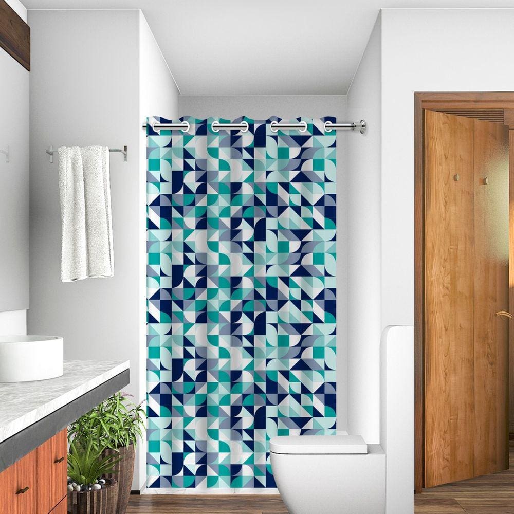 Cortina de Box Estampada Geométrica Com Ilhós - Diversos Modelos Azul Verde