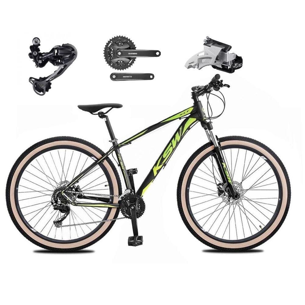 Bicicleta Aro 29 Ksw Xlt Câmbio Traseiro Shimano Deore e Altus 27v Freio Hidráulico Garfo Com Trava Pneu Faixa Bege - Preto\Verde