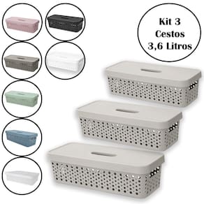 Kit 3 Cestos Organizador 3,6 Litros Multiuso Com Tampa