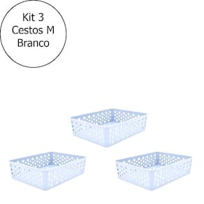 Kit 3 Cestos Caixa Organizador Multiuso Plástico Médio Com Furinhos Azul / Branco / Cinza / Marrom / Preto / Rose / Transparente / Verde