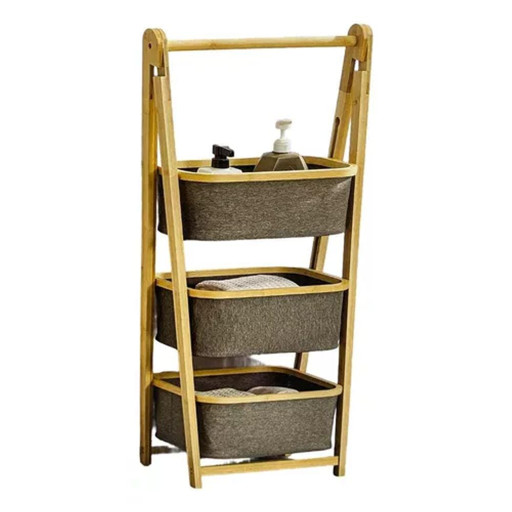Carrinho Organizador Madeira 3 Cestos Em Tecido 108x33x45cm