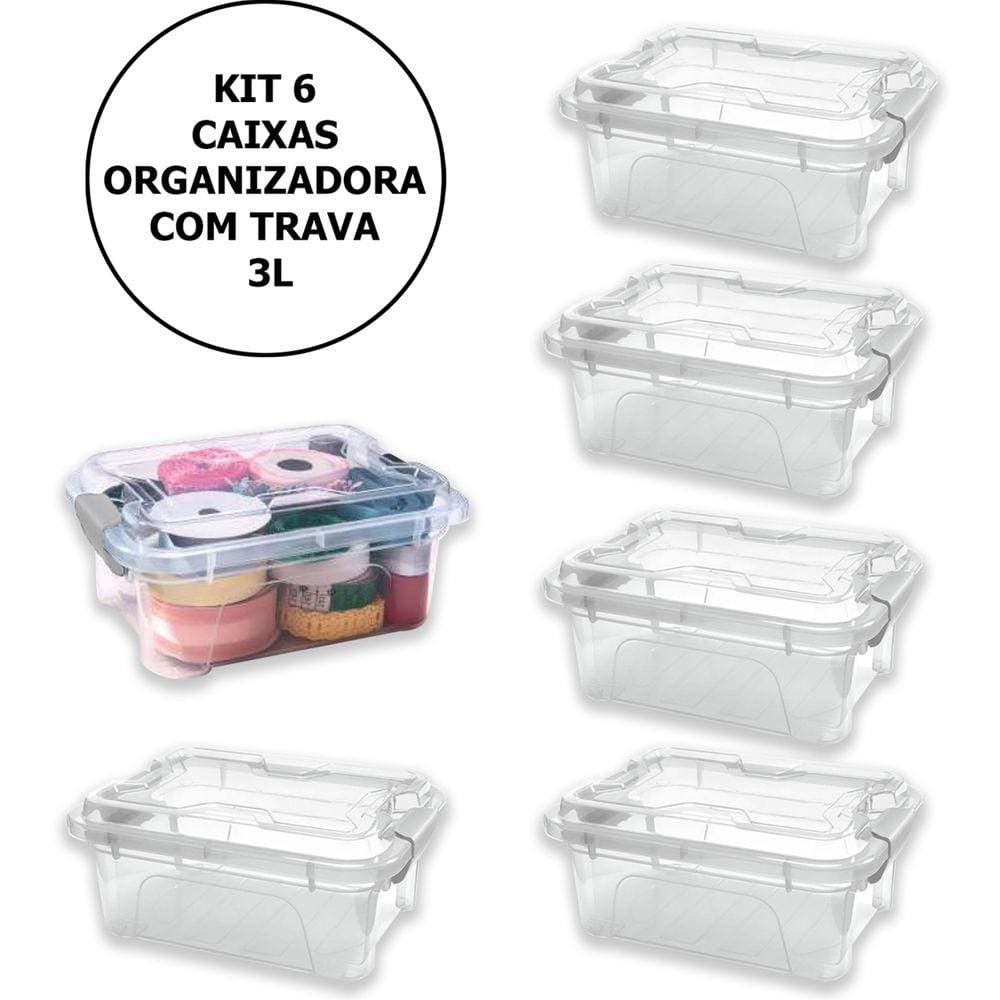 Kit 6 Caixas Organizadora Multiuso Com Trava 3 Litros Transparente