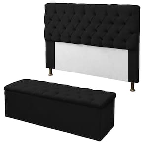 Kit Cabeceira + Calçadeira Baú Sofia Solteiro 90cm Corino Preto - LM DECOR