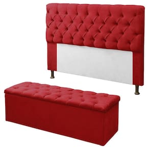 Kit Cabeceira + Calçadeira Baú Sofia Solteiro 90cm Corino Vermelho - LM DECOR