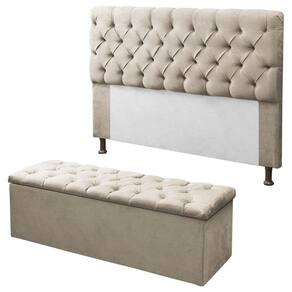 Kit Cabeceira + Calçadeira Baú Sofia King 195cm Corino Bege - LM DECOR