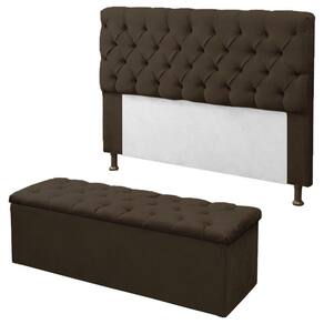 Kit Cabeceira + Calçadeira Baú Sofia Queen 160cm Corino Marrom - LM DECOR
