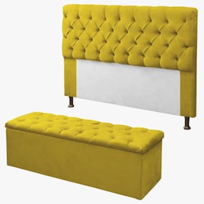 Kit Cabeceira + Calçadeira Baú Sofia Queen 160cm Corino Amarelo - LM DECOR