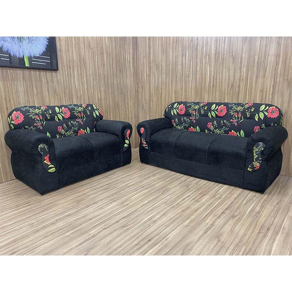 Sofá 2 e 3 Lugares Preto com Floral 601/17 Viena