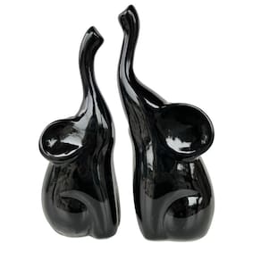 Dupla escultura elefante preto mãe e filho de cerâmica