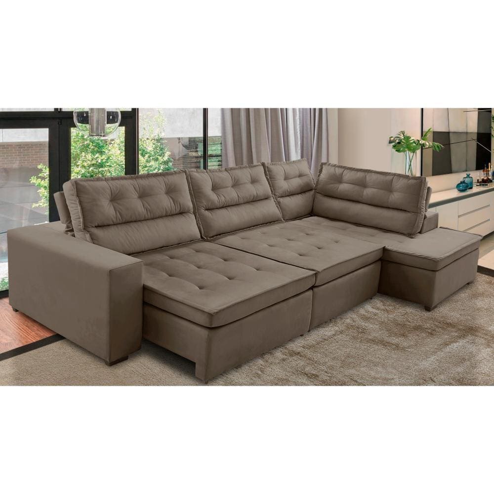Sofá de Canto Retrátil e Reclinável com Molas LD 3,00x2,00m Viviane Suede Capuccino Madelina Decor