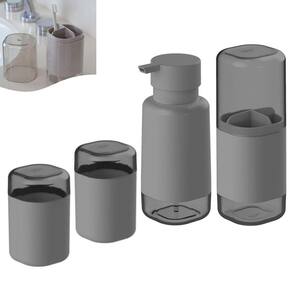 Kit Dispenser Sabonete Líquido Suporte Escova Creme Dental 2 Porta Algodão Banheiro Cinza Dual Ou