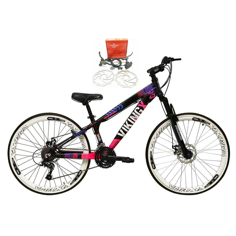 Bicicleta Aro 26 Vikingx Tuff 21v Alumínio Freio Hidráulico a Disco Aros Vmaxx Branco - Preto\Rosa X25