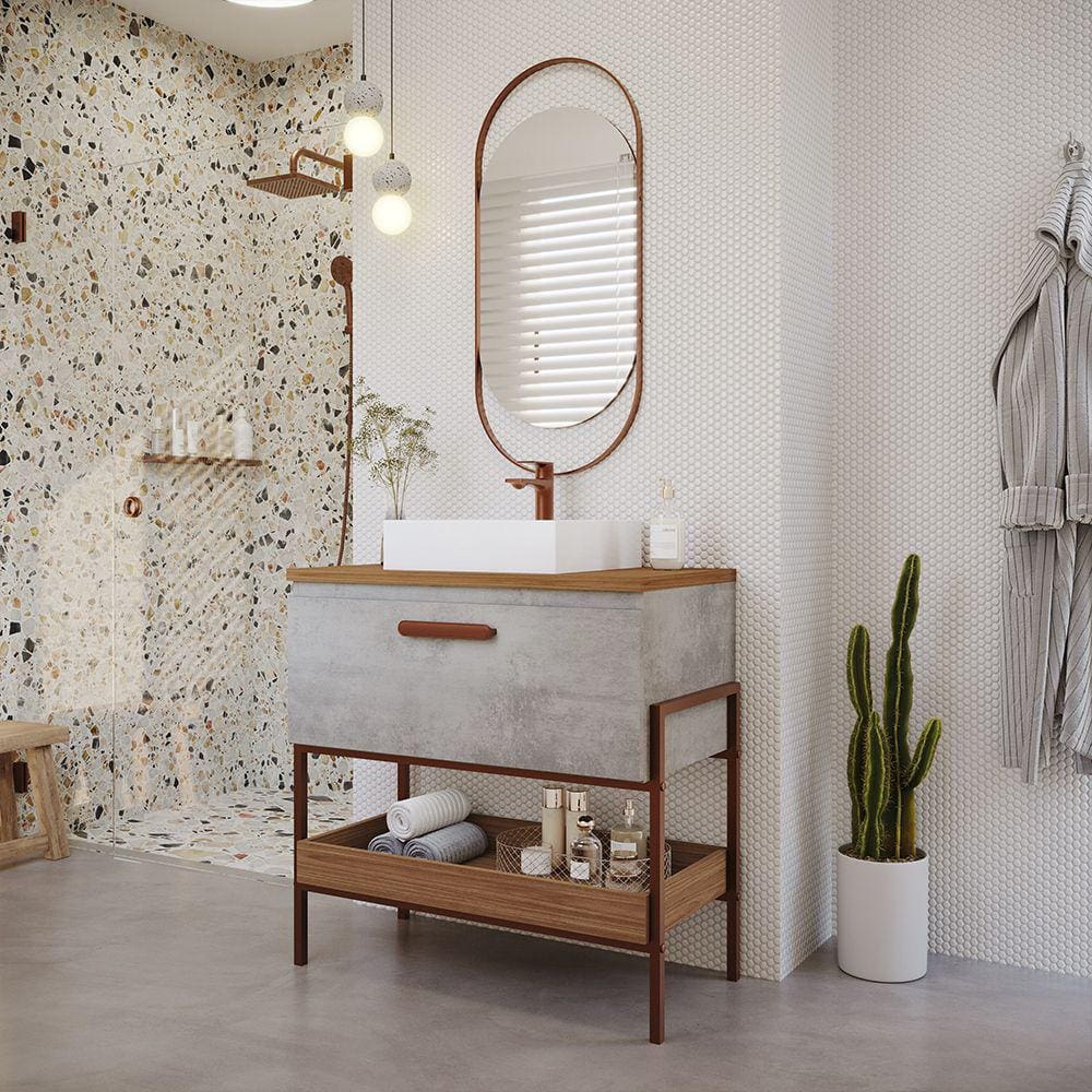 Gabinete com Cuba 01 Porta Portinari 80cm e Espelho Lumini Cimento MGM