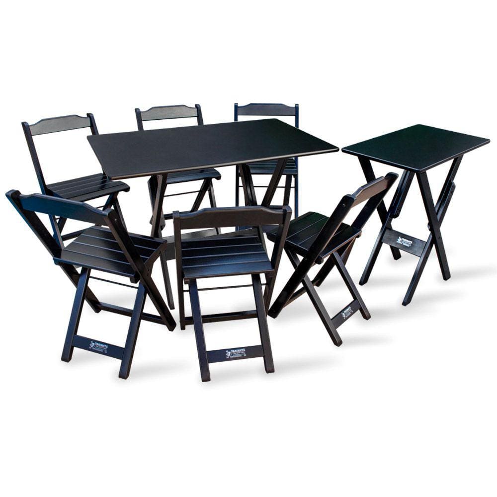 Conjunto De Mesa Dobrável 1,10x70 Com 6 Cadeiras Com Mesa Aparador Tarimatã - Preto
