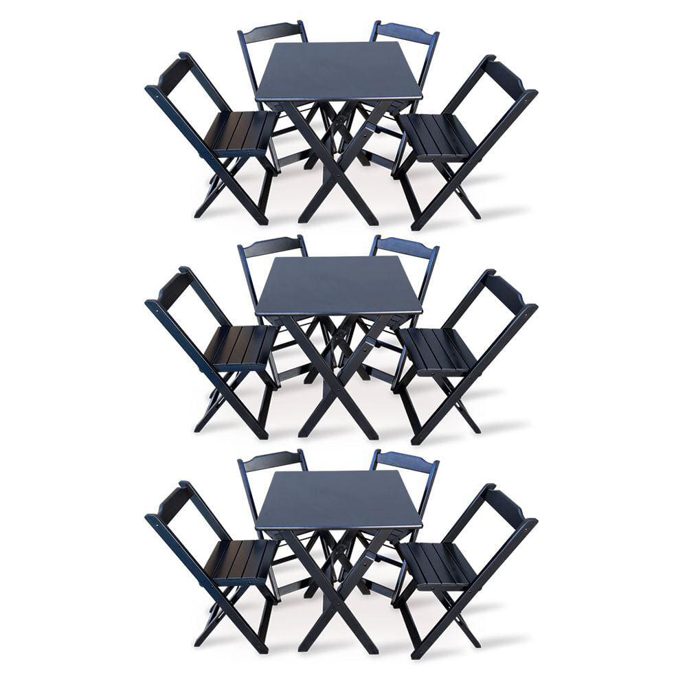 Kit 3 Conjunto com Jogo de Mesa 60x60 com 4 Cadeiras Dobráveis - Preto