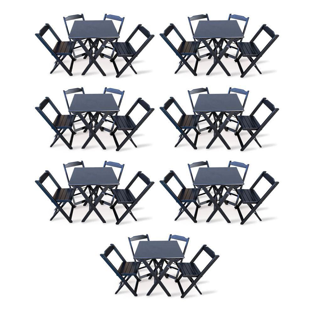 Kit 7 Conjunto com Jogo de Mesa 70x70 com 4 Cadeiras Dobráveis - Preto