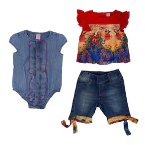 Body Jeans E Conjunto - Short E Blusa Infantis  3 Peças