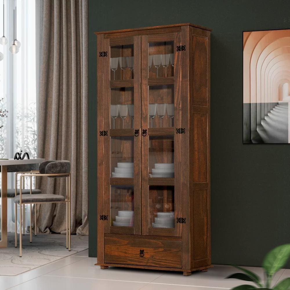 Cristaleira Rústica Madeira Maciça 2 Portas Vidro 1 Gaveta Imbuia Classic Shop JM - Marrom