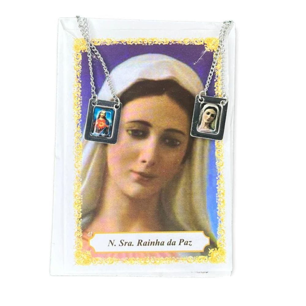 Escapulário Ns Sra Rainha da Paz Aço inox 1,5 x 32 cm