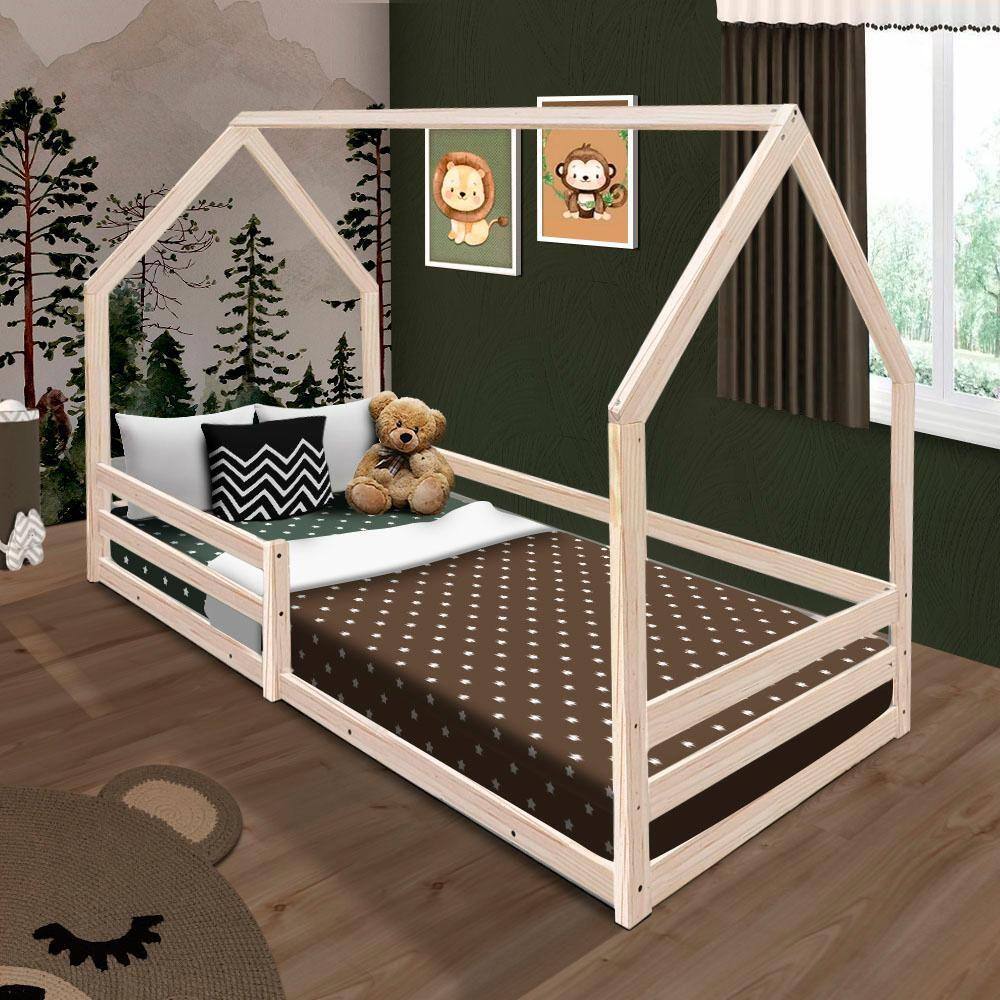 Cama Casinha Solteiro Madeira Maciça Naturale Com Colchão Juninho Shop Jm - Marrom