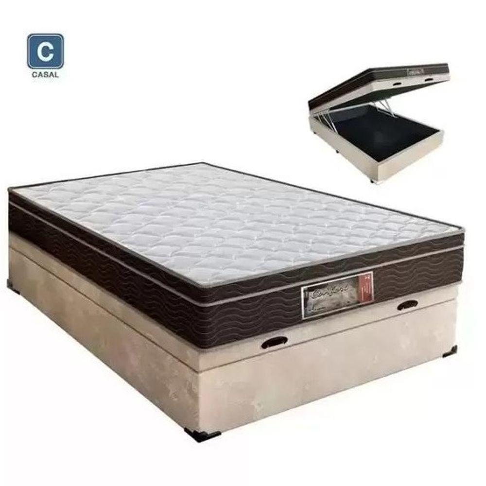 Cama Box Baú Casal Conforto Suede Bege + Colchão Casal Conforto Espuma D33 Com EPS 30x138x188