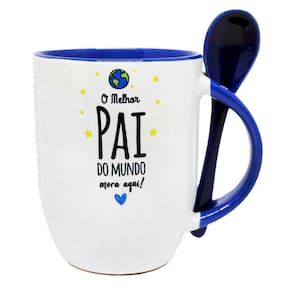 Caneca com Colher Azul Personalizada Dia dos Pais o Melhor Pai do Mundo Mora Aqui