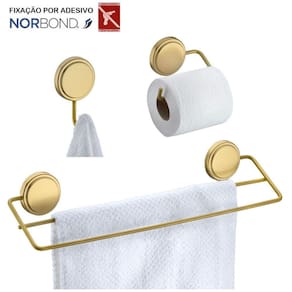 Kit Toalheiro Duplo Suporte Papel Higiênico Gancho Porta Toalha Adesivo Dupla Face Banheiro Dourado - Future
