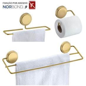 Kit Toalheiro Duplo Porta Toalha Rosto Suporte Papel Higiênico Adesivo Dupla Face Banheiro Dourado - Future