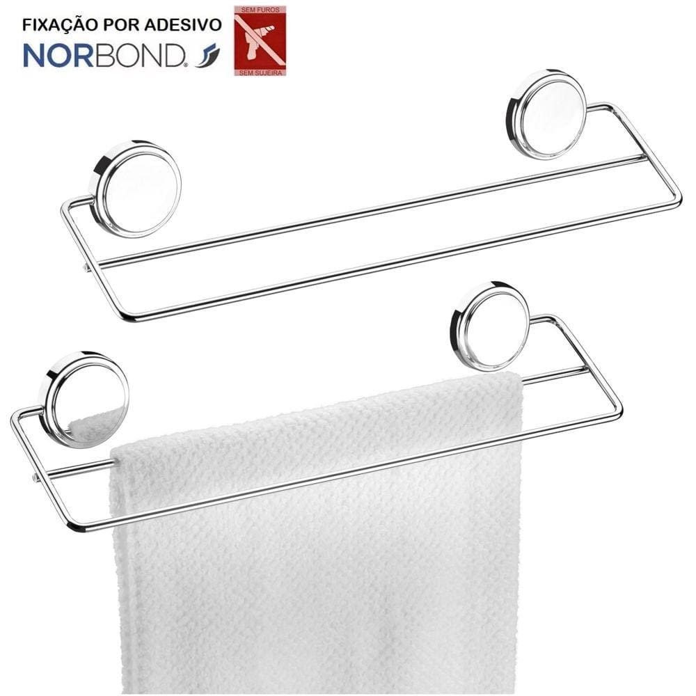 Kit 2 Suporte Porta Toalha Toalheiro Duplo 45cm Adesivo Dupla Face Banheiro Cromado - Future
