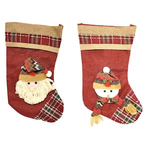 Kit Bota Natalina Tecido Vinho e Xadrez 35cm Papai Noel e Boneco de Neve - Master Christmas