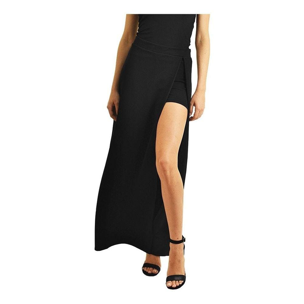 Saia Longa Em Crepe Fenda Lateral com Shorts Preto G