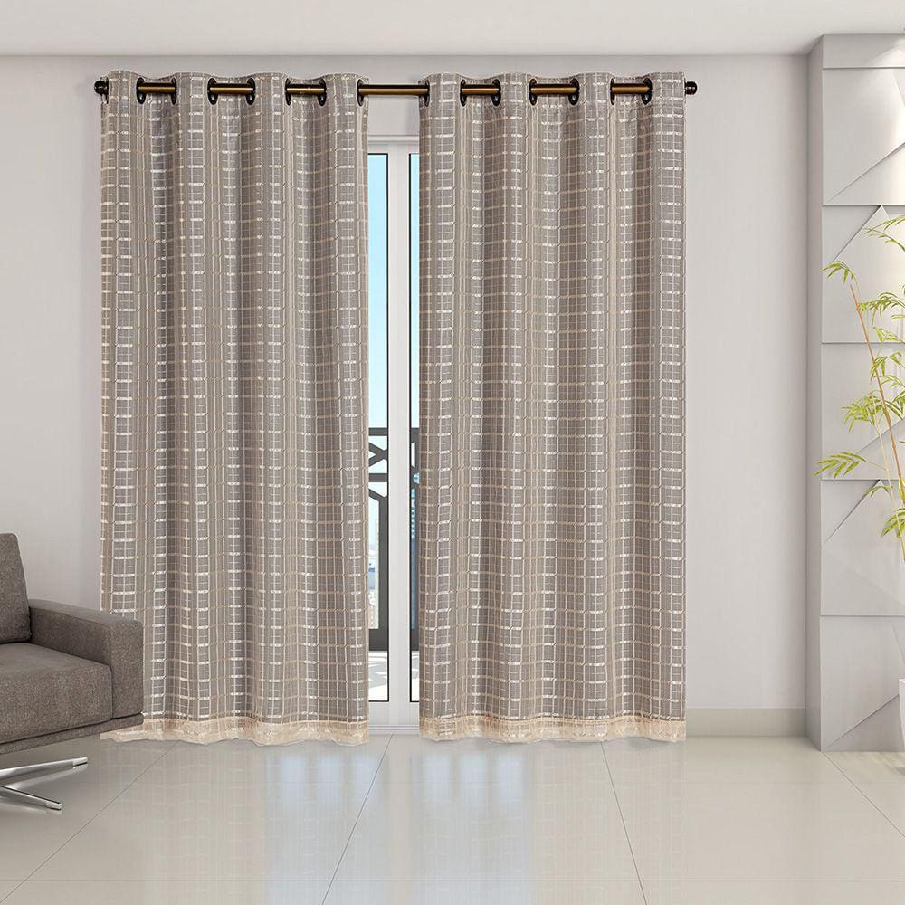 Cortina Blackout Prata com Voil Xadrez 2,80 m x 2,30 m - Avelã