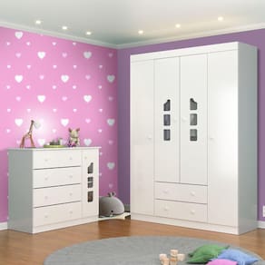Quarto de Bebê Cômoda Infantil e Guarda Roupa Infantil 4 Portas e 2 Gavetas Lívia 100% MDF Cor Branco Brilho - Phoenix B