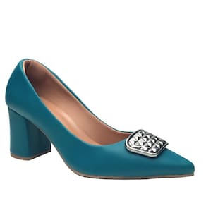 Scarpin Salto Bloco Fivela Cor Celestial (Azul Petroleo)