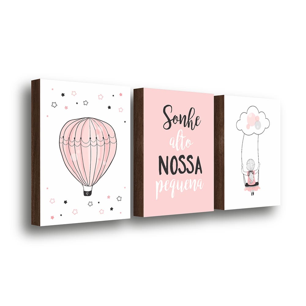 Kit 3 Quadros Decorativos Sonhe Alto Menina 30x40cm