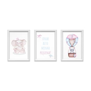 Kit 3 Quadros Decorativos Elefante Balão Rosa 24x34cm